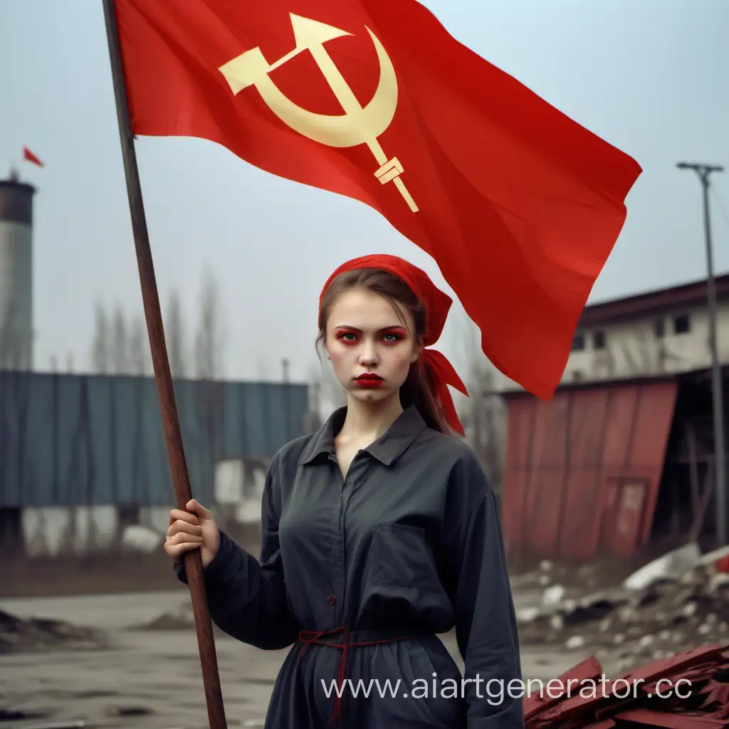 Сильная девушка, славянской внешности, держит в руках, красный флаг. Лицо более выразительное, флаг виден тоже, современная одежда 21 века, флаг в руках, на заднем фоне завод,  флаг не торчит из головы,  флаг СССР с серпом и молотом, флаг один в руках, лицо девушки радостное и пропорциональное, флаг один в одной руке и не торчит из головы, флаг советского союза с серпом и молотом