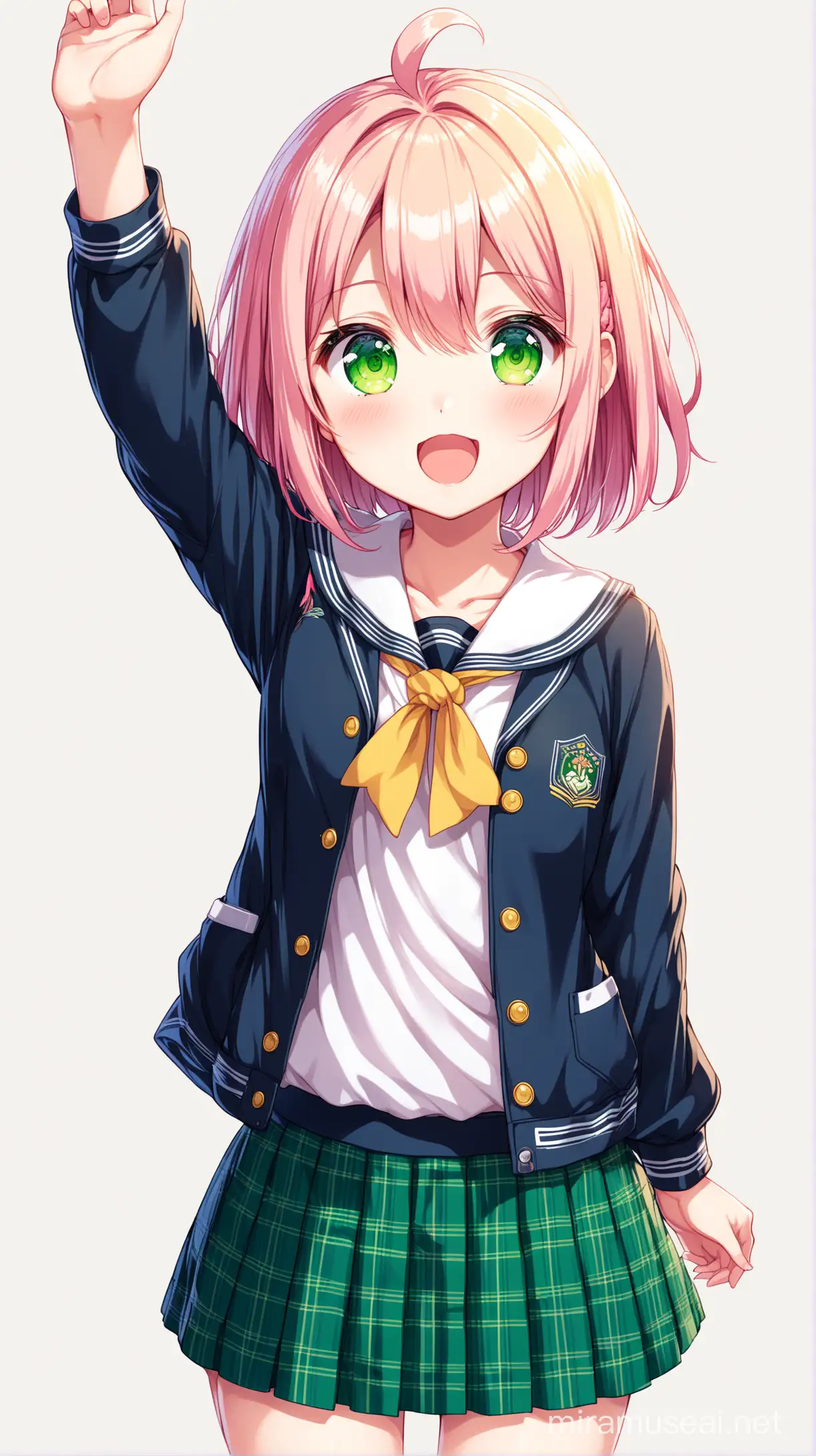 a visual novel character, 2D sprite, game CG, Yui Yuigahama, 1girl, cute anime girl, light pink hair, ahoge, short hair down, hair between eyes, (green eyes:1.5), detailed hair, cute expression, kawaii, anime, detailed eyes, professional, 16k, hd, high resolution, best quality, cute, (looking at viewer), adorable, full body, (single), one side up, happy, ohayou~!, plaid skirt, one arm up, yellow hair scrunchie, navy blue jacket, school uniform, open jacket, medium shot, Genki Girl, open mouth, white background