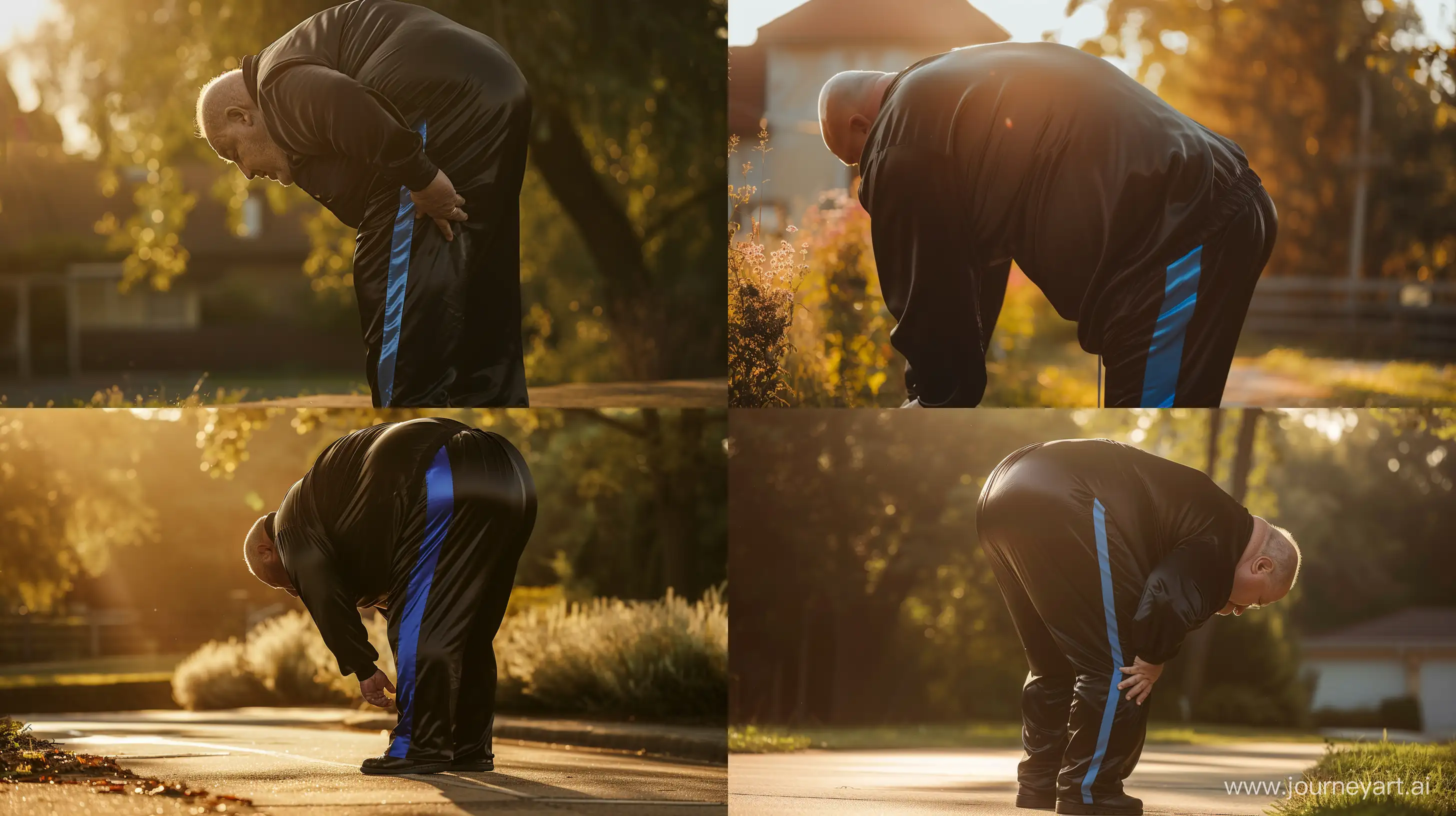 Back view photo of a very fat man aged 60 wearing a silk black tracksuit with royal blue stripe on the leg. Bending over. Outside. Summer. Sunlight. --style raw --ar 16:9