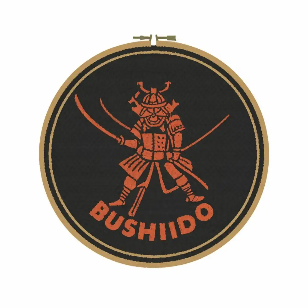 logo, samurai on an embroidery hoop, with the text "Bushido embroidery", typography