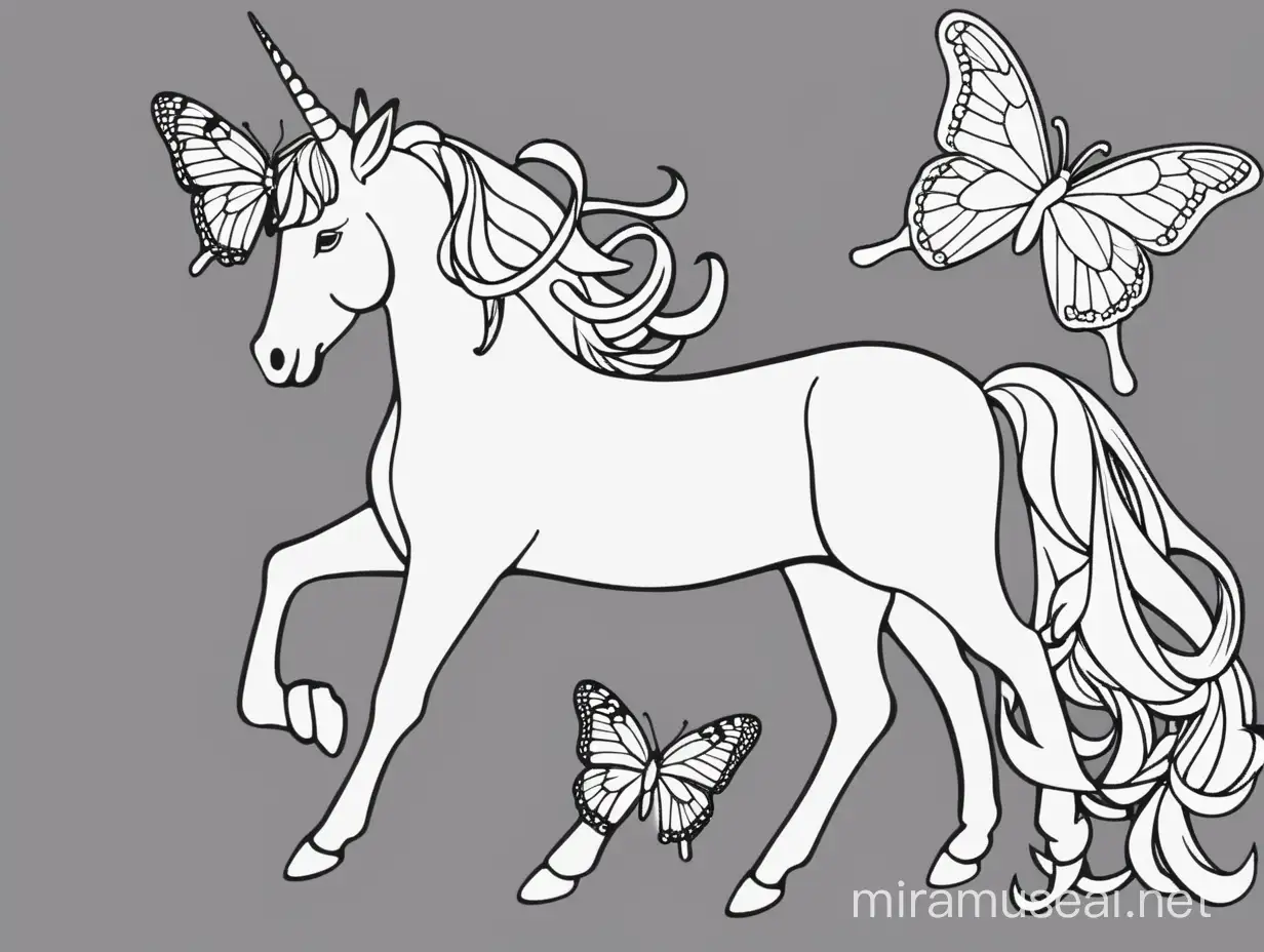 Outline of a s
unicorn with 3 butterflies no colour just a outline in blank 