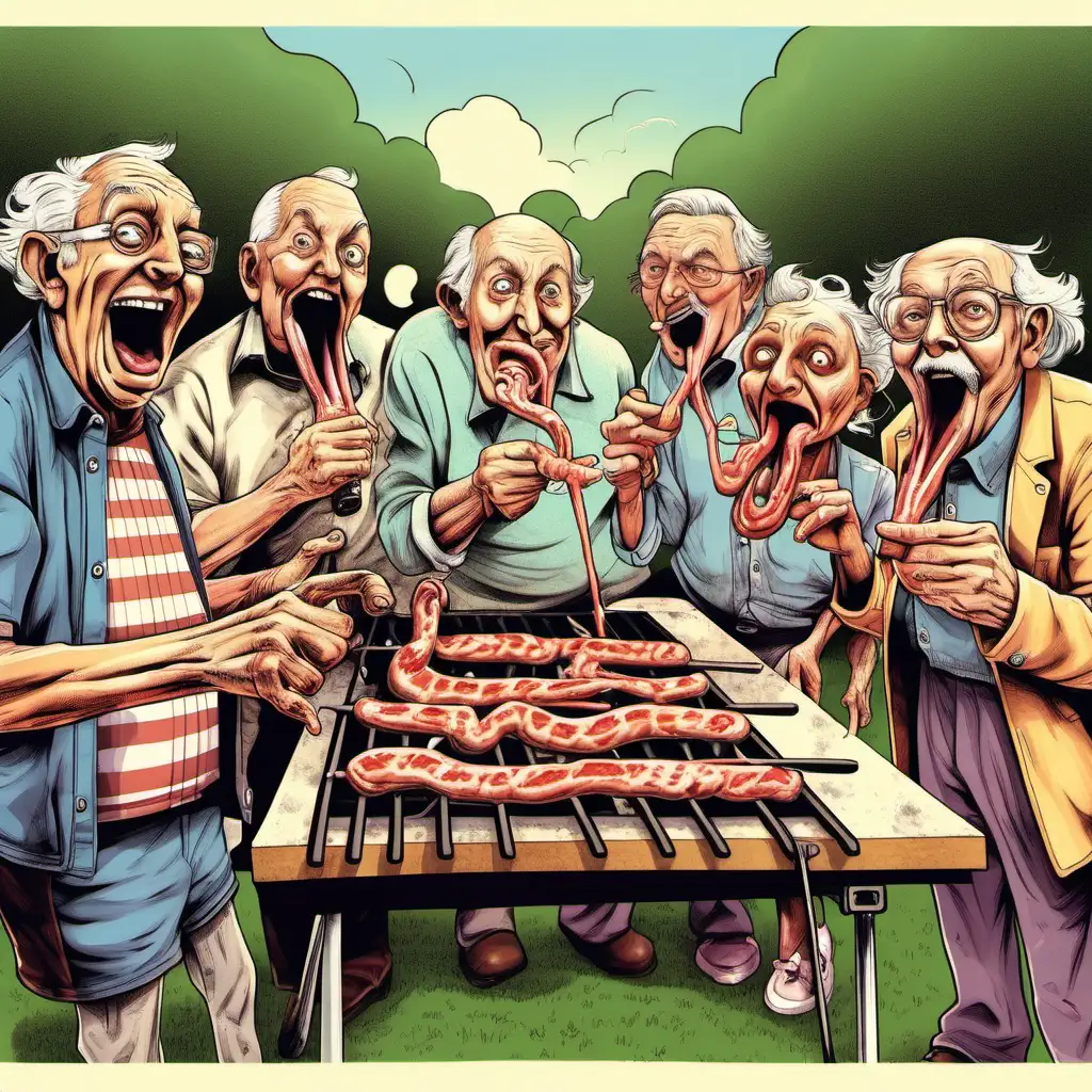 Old weird people at a barbecue with very long tongues