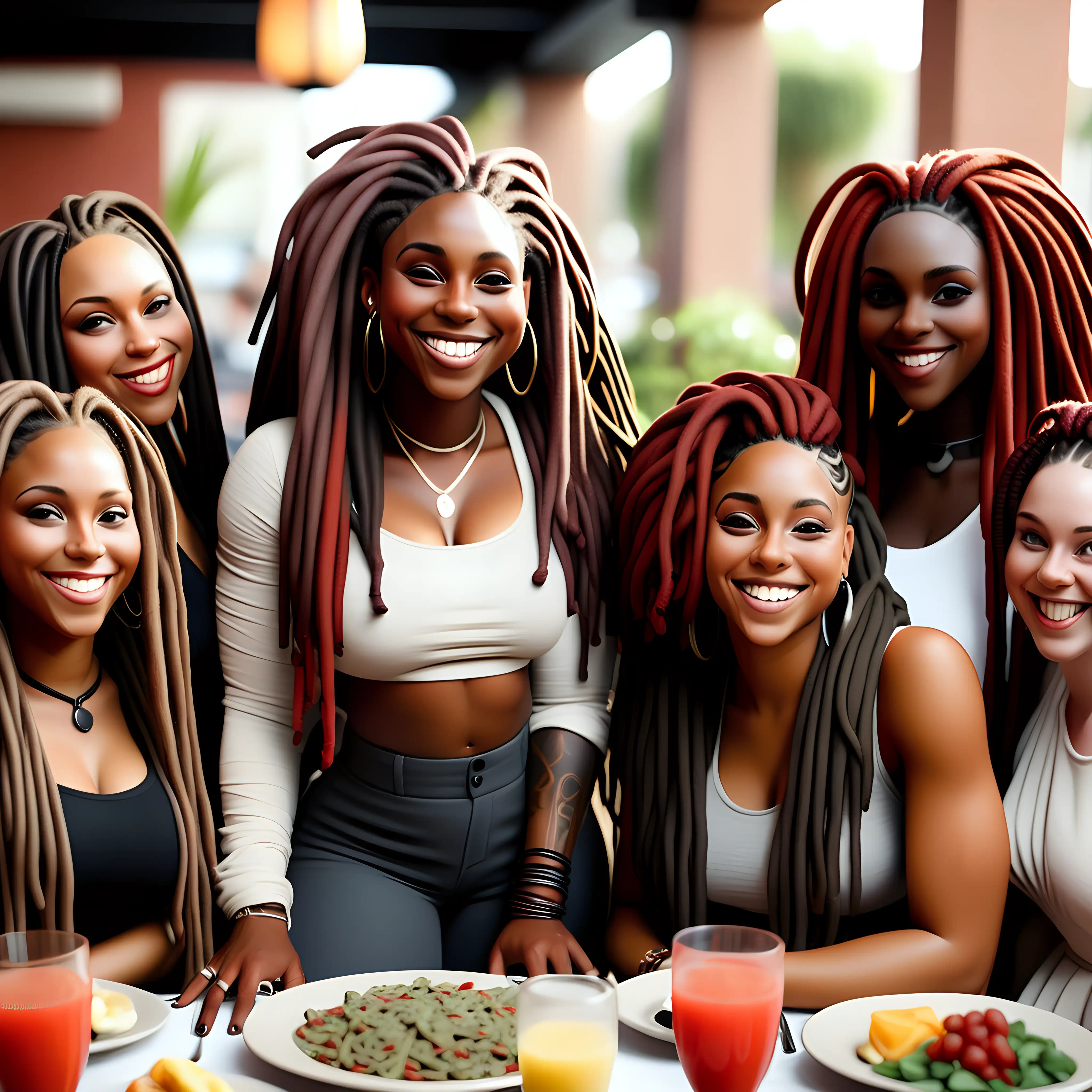 a group of Beautiful Black women with long dread locs in her hair. the locs ombre are black at the top brown in the middle and red at the bottom. at a brunch smiling. full body
