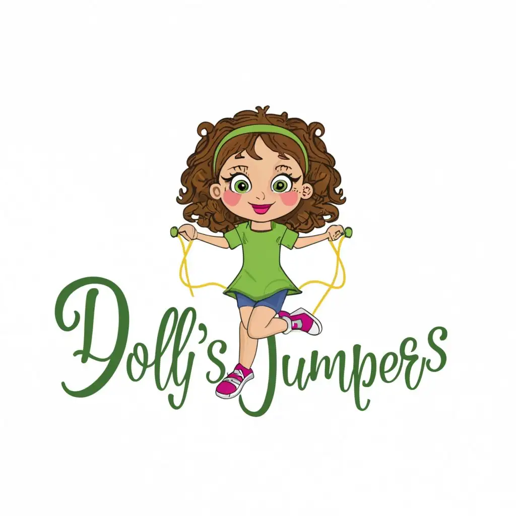 LOGO-Design-For-Dollys-Jumpers-Cheerful-Little-Girl-with-Jump-Rope-and-Playful-Typography