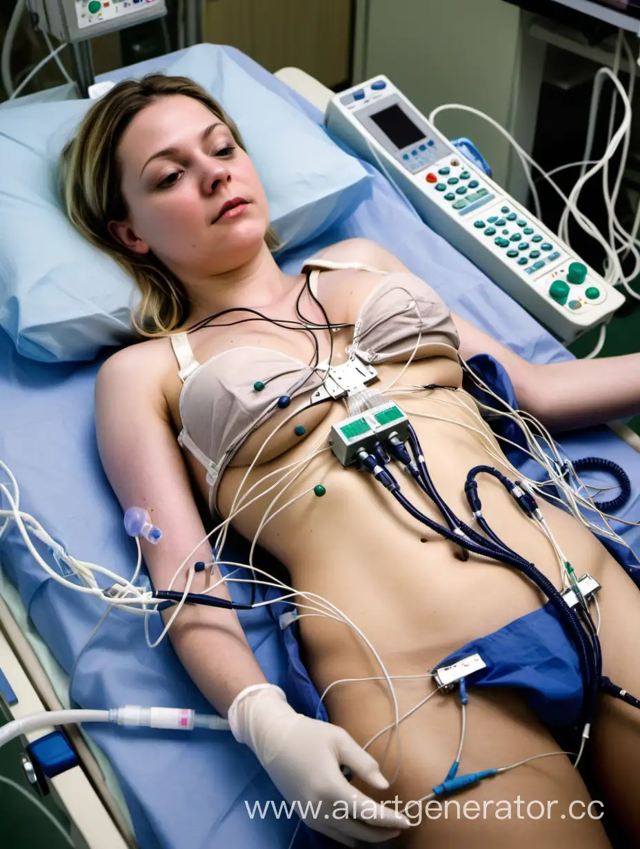 young white woman lying down in the hospital operating room. She is connected to a 12-lead EKG, with at least twenty heart monitor electrodes attached to her chest with wires. Many tubes and wires connect to her body. Electrodes are connected to her breasts. She has a breathing tube in her mouth connected to a ventilator. She is wearing an underwire bra