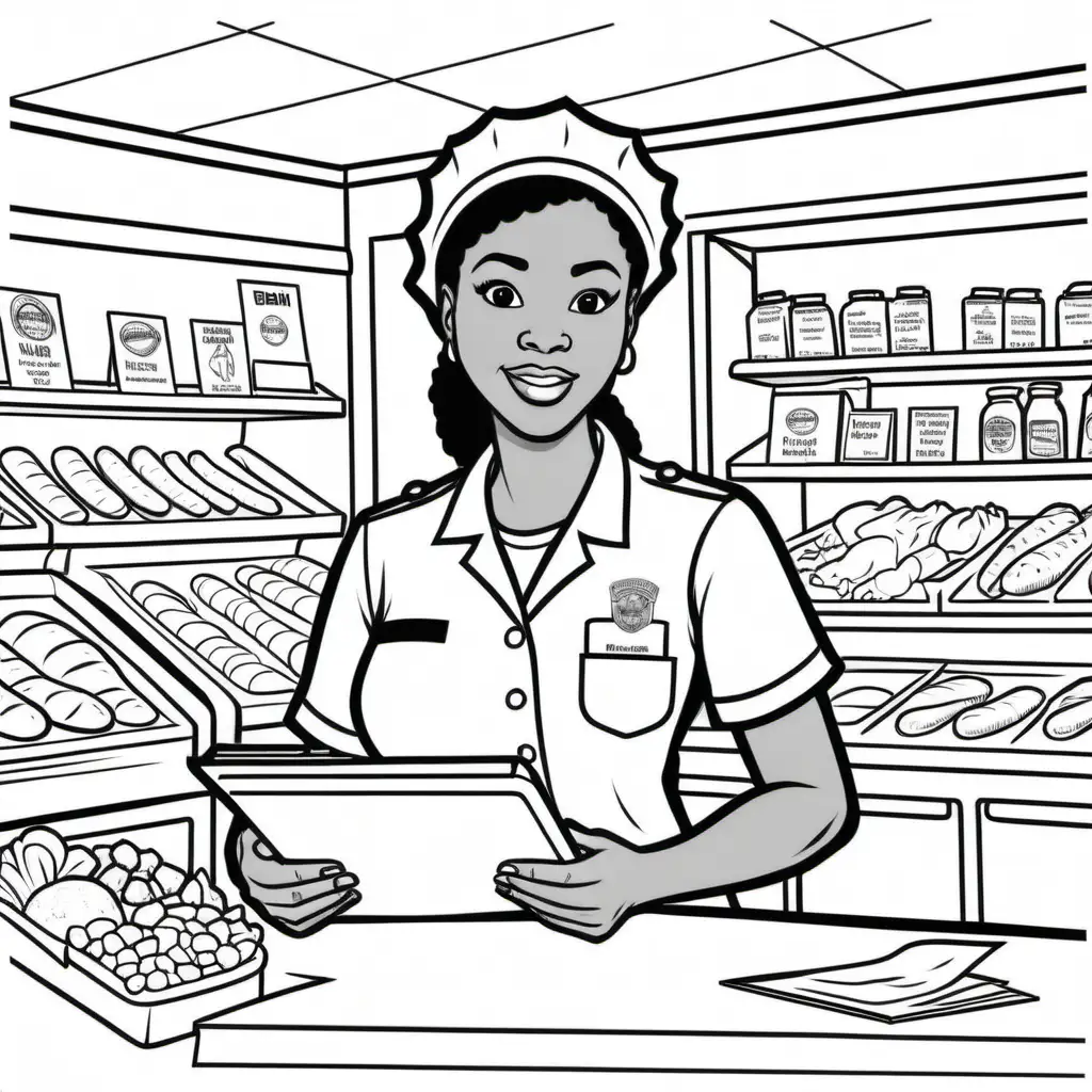 Kids colouring page, simple, outline, no details, no background, no colour, African-American, female, environmental officer, talking to manager in deli, wearing hairnet, clipboard, shirt logo says "health officer"