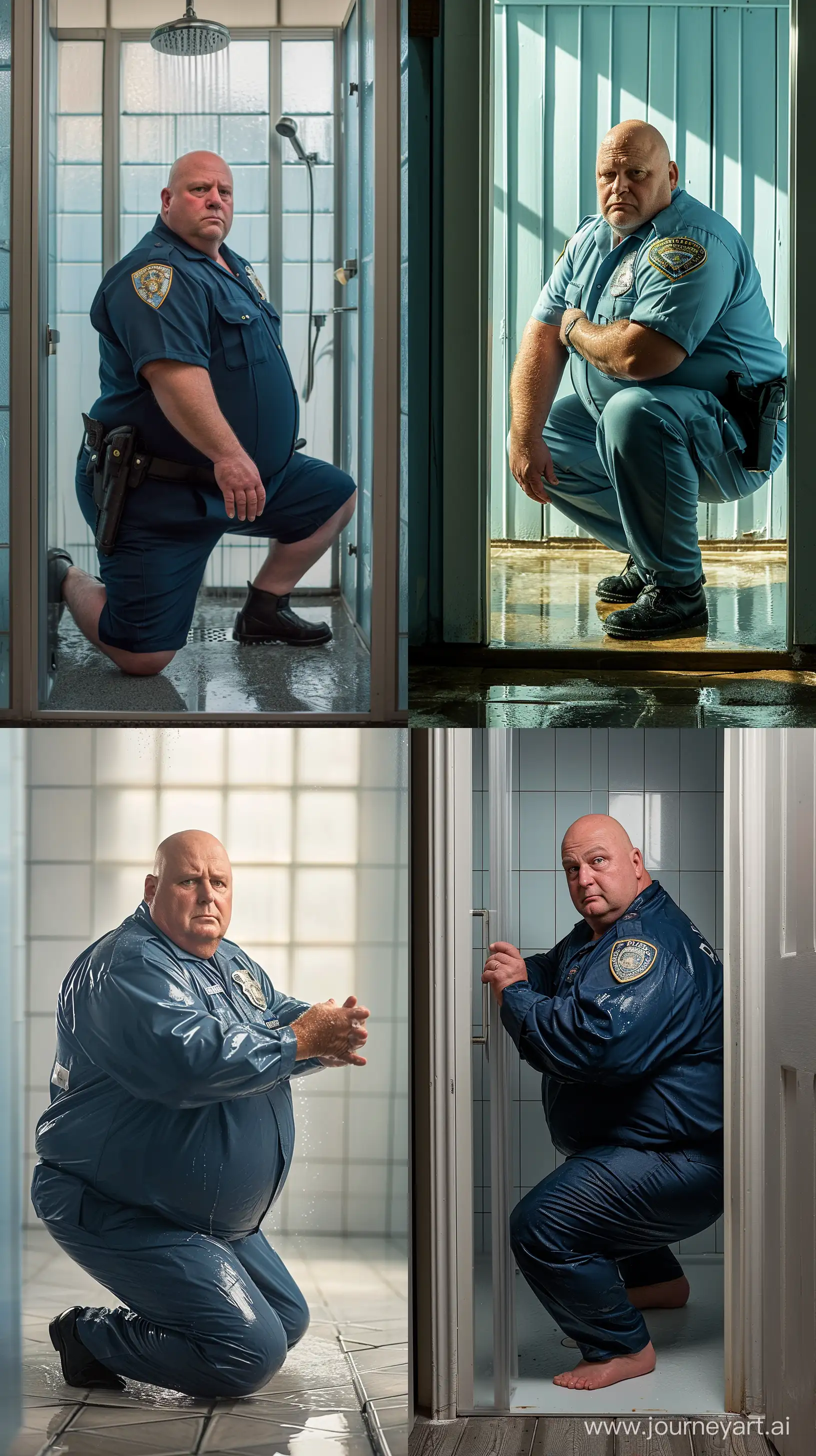 Elderly-Police-Officer-Kneeling-in-Outdoor-Shower