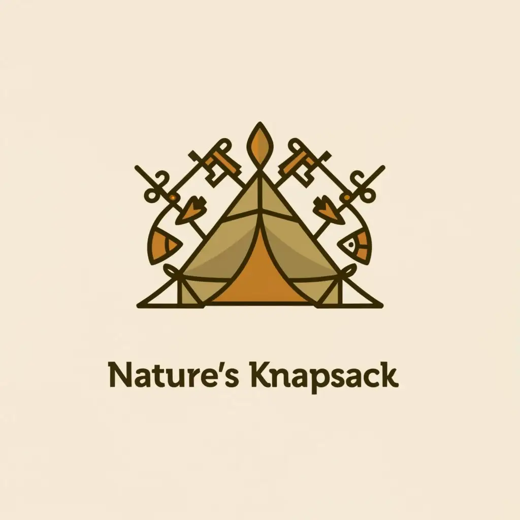 a logo design,with the text "Nature’s Knapsack", main symbol:Tent, knife, fishing rod, rope,Moderate,be used in Sports Fitness industry,clear background