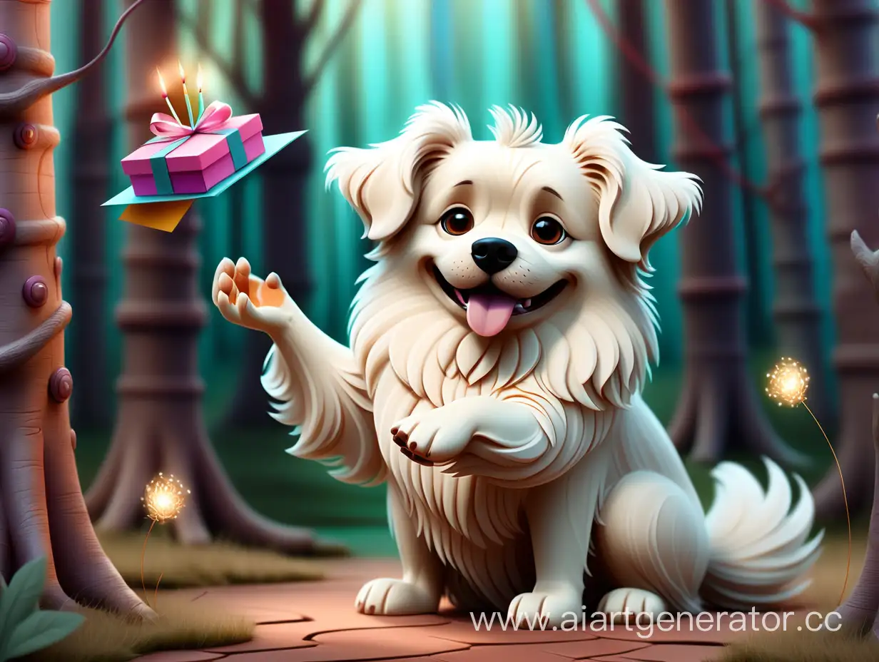Открытка на День Рождения. Красивый фон, сказочный лес, пушистая собачка держит в лапах подарок.