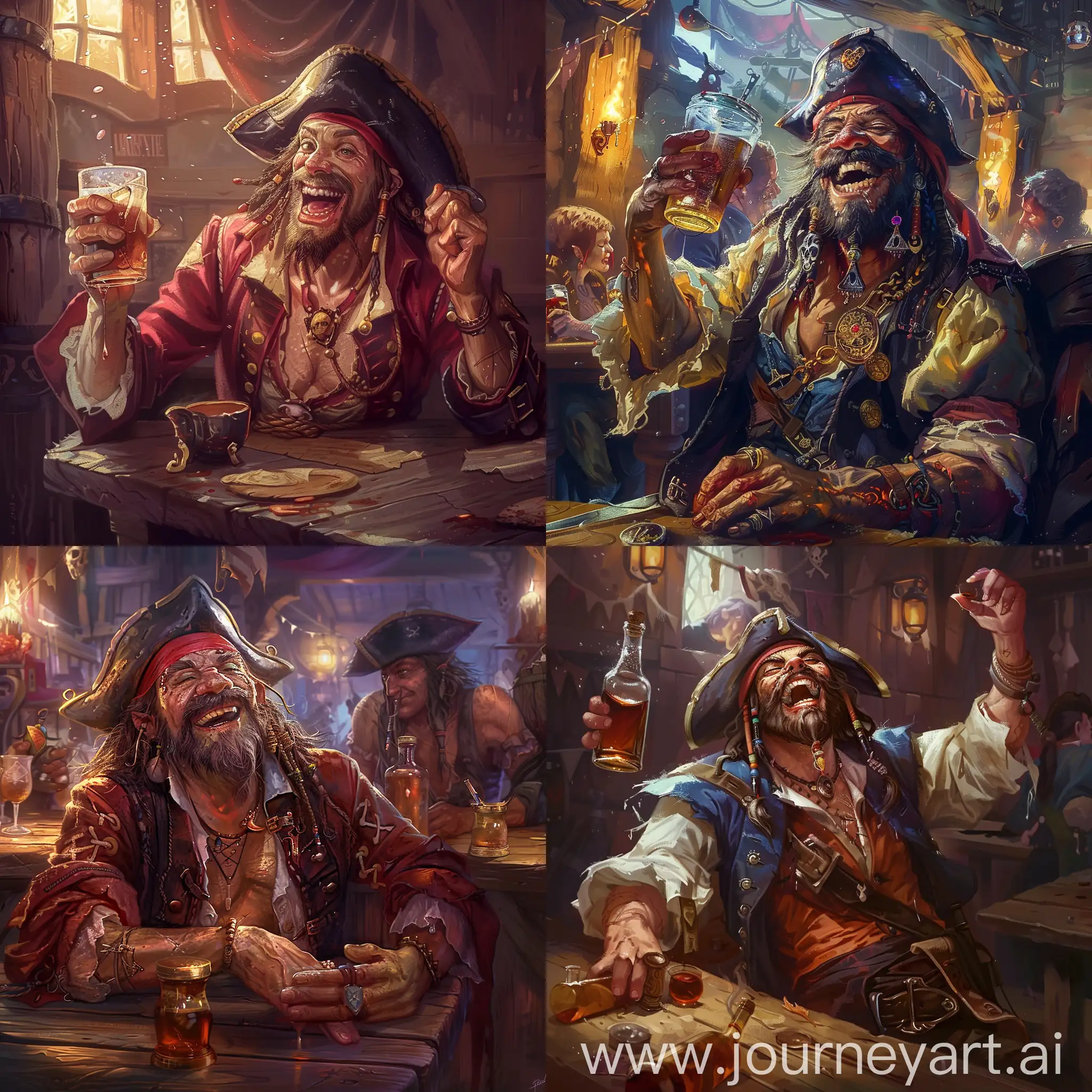 pirate, drunk, cheerful, in a tavern, without drink and alcohol, just drunk pirate in tavern, fantasy style
