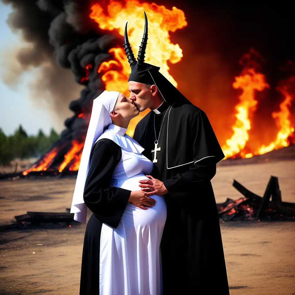 Surreal Maternity Ethereal Nun with Horns in Fiery Abyss