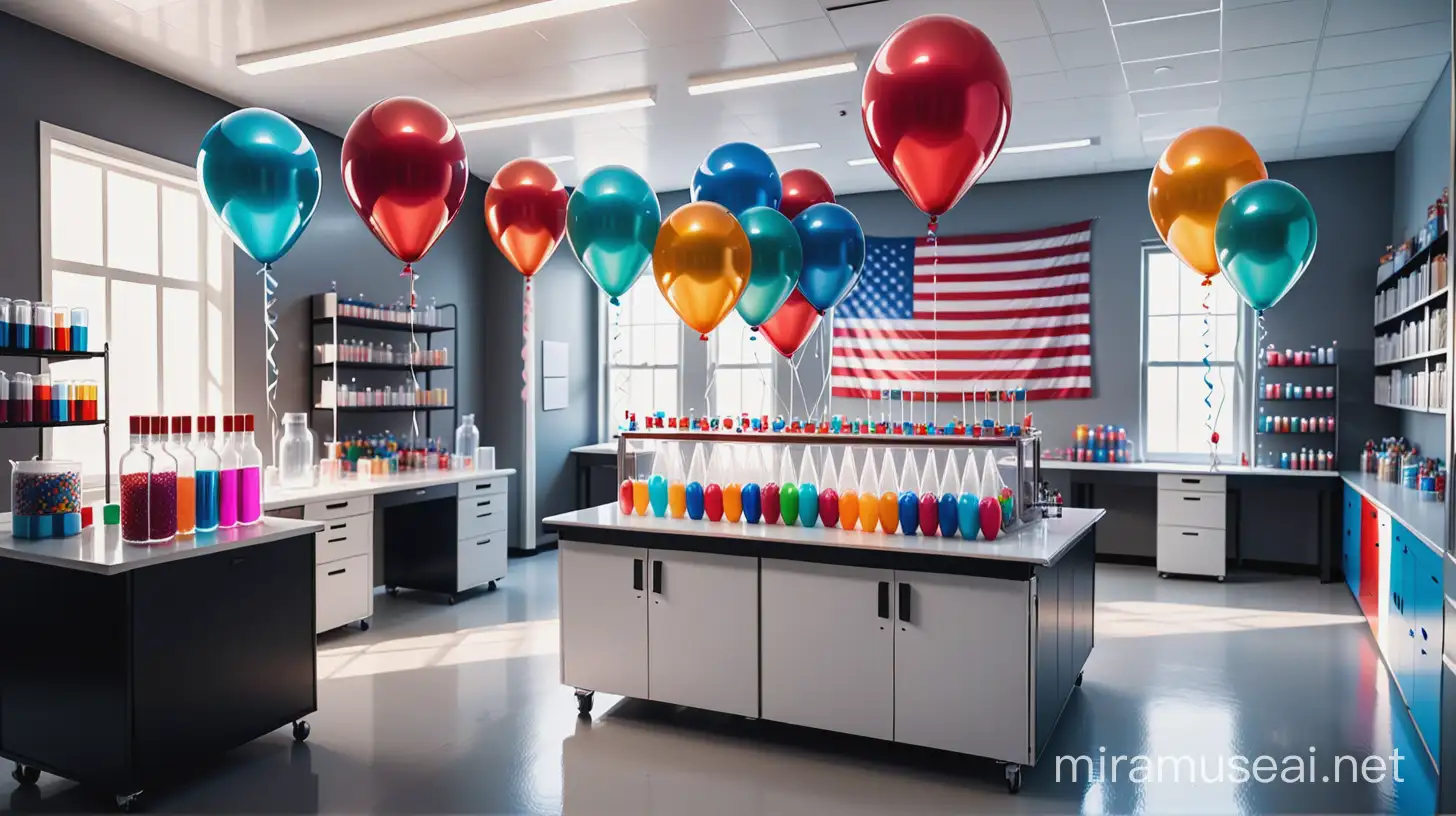 wide background. no people. lab. clinical laboratory. technology. futuristic. creative. fun. fantasy. magical.  heaven lights. superhero scientist lab. real USA flag. very detailed. lab. creative. party decoration. government. federal. party decoration. "Lab week 2024". celebration. party. fun. life. party balloons. 