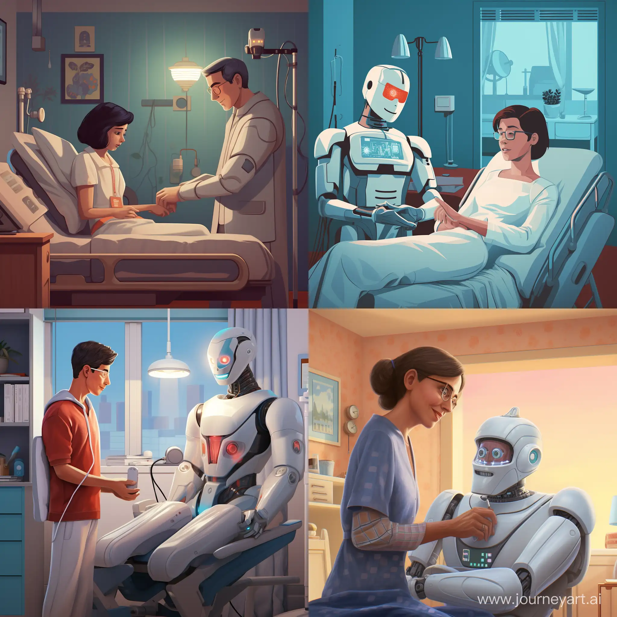 A robot with arms and a touch panel on the chest help a patient find their way to a room