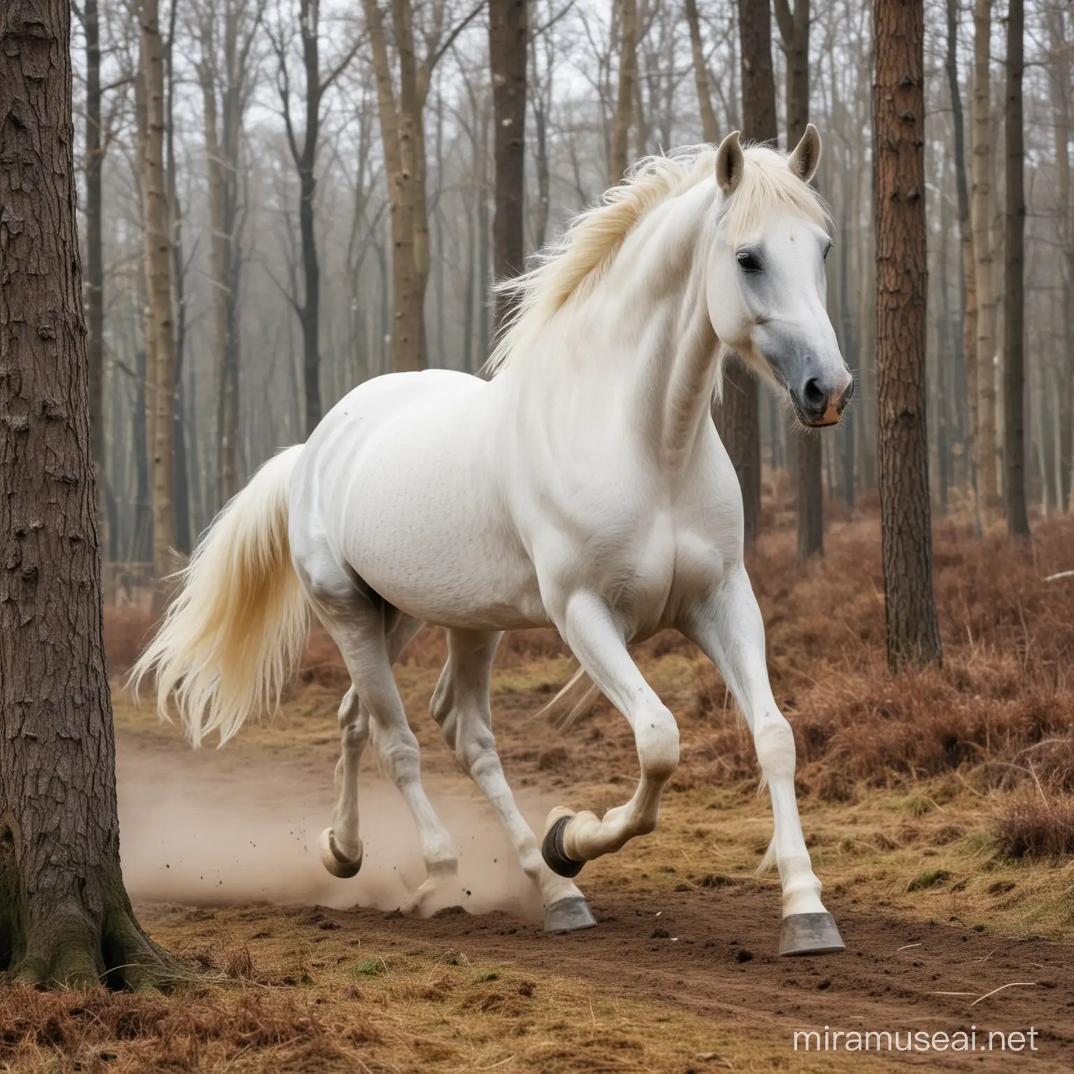 A horse,white, In a forest, Gallop,
