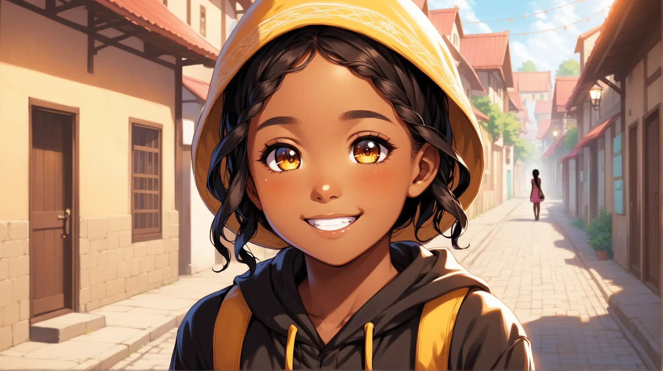 Lily a cheerful light skin ebony young girl with a spark of kindness in her eyes, skipped through the town. we see her greeted each person she passed with a warm smile and a friendly hello