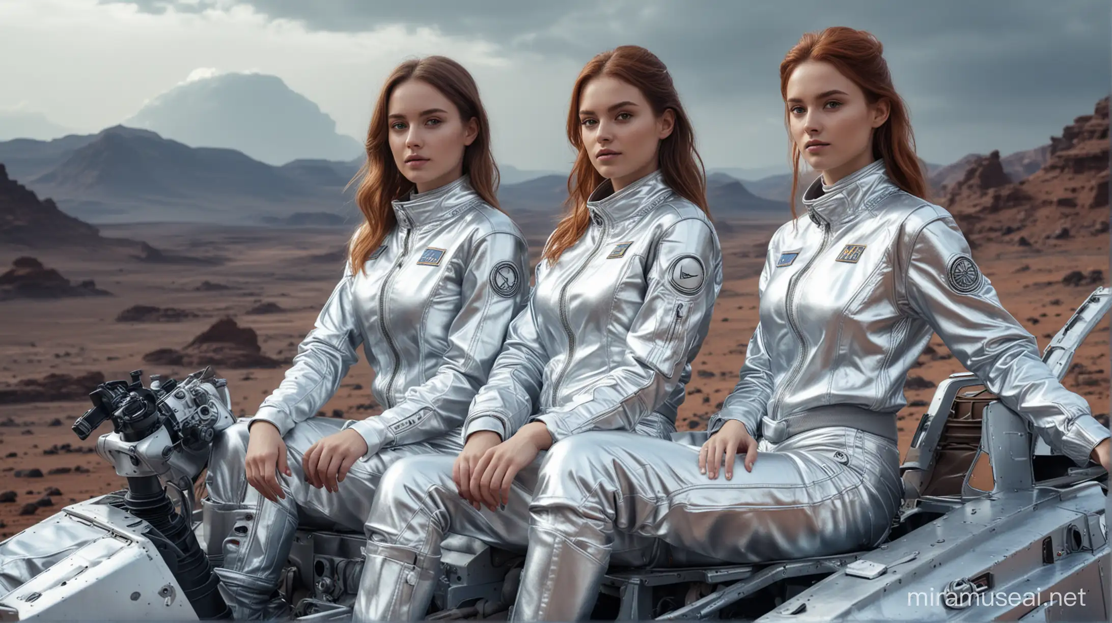 photo realistic, high quality, three young women, european faces, wearing silver metallic jackets and pants, sitting on the sci-fi rover, background is surface of far planet with blu-white sky, beautiful color landscape.