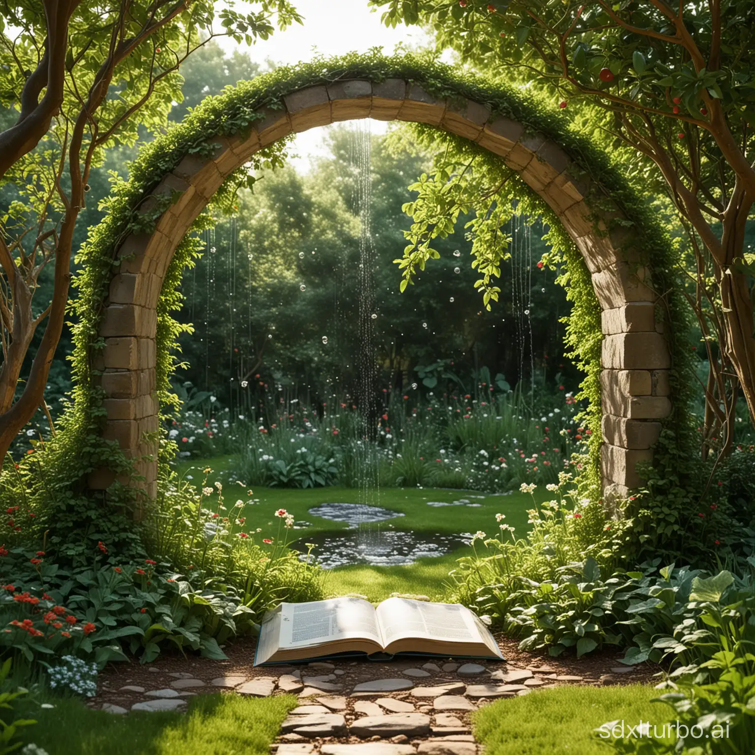 Tranquil-Fairy-Apple-Orchard-Garden-with-Glazed-Window-Arch-and-Enchanting-Features