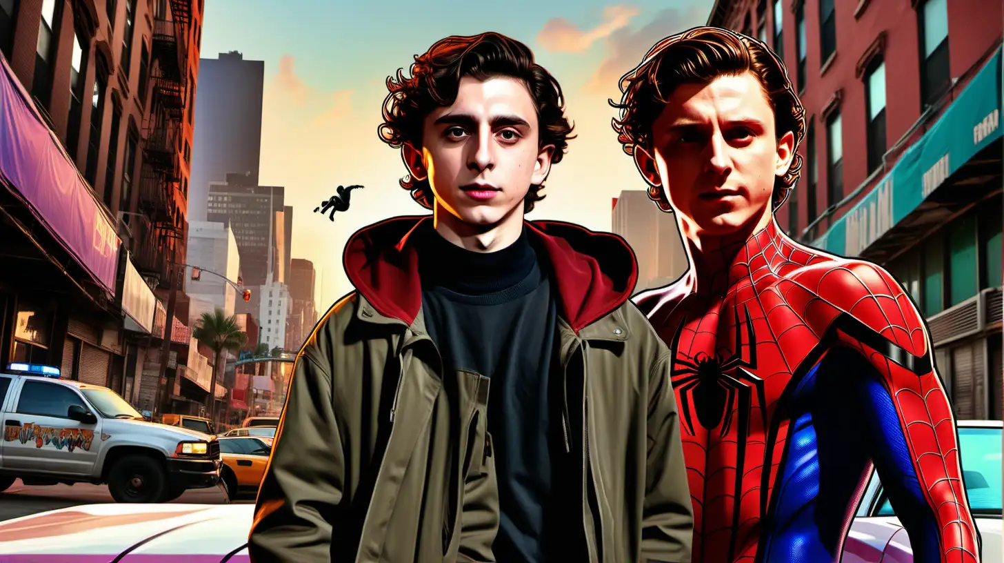 Picture with written Grand Theft Auto VII - Timothee Chalamet from Dune with  Tom Holland as spiderman "digital artwork with natural colors, stylized illustrations that depict scenes and characters in a bold and exaggerated manner, high level of detail, confident, upscale city vibe, dramatic lighting, combine to create a dynamic and vivid impression, a touch of hyperrealism"