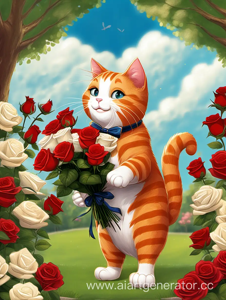 Smiling-Ginger-Cat-Presents-Bouquet-in-Lush-Garden-Scene