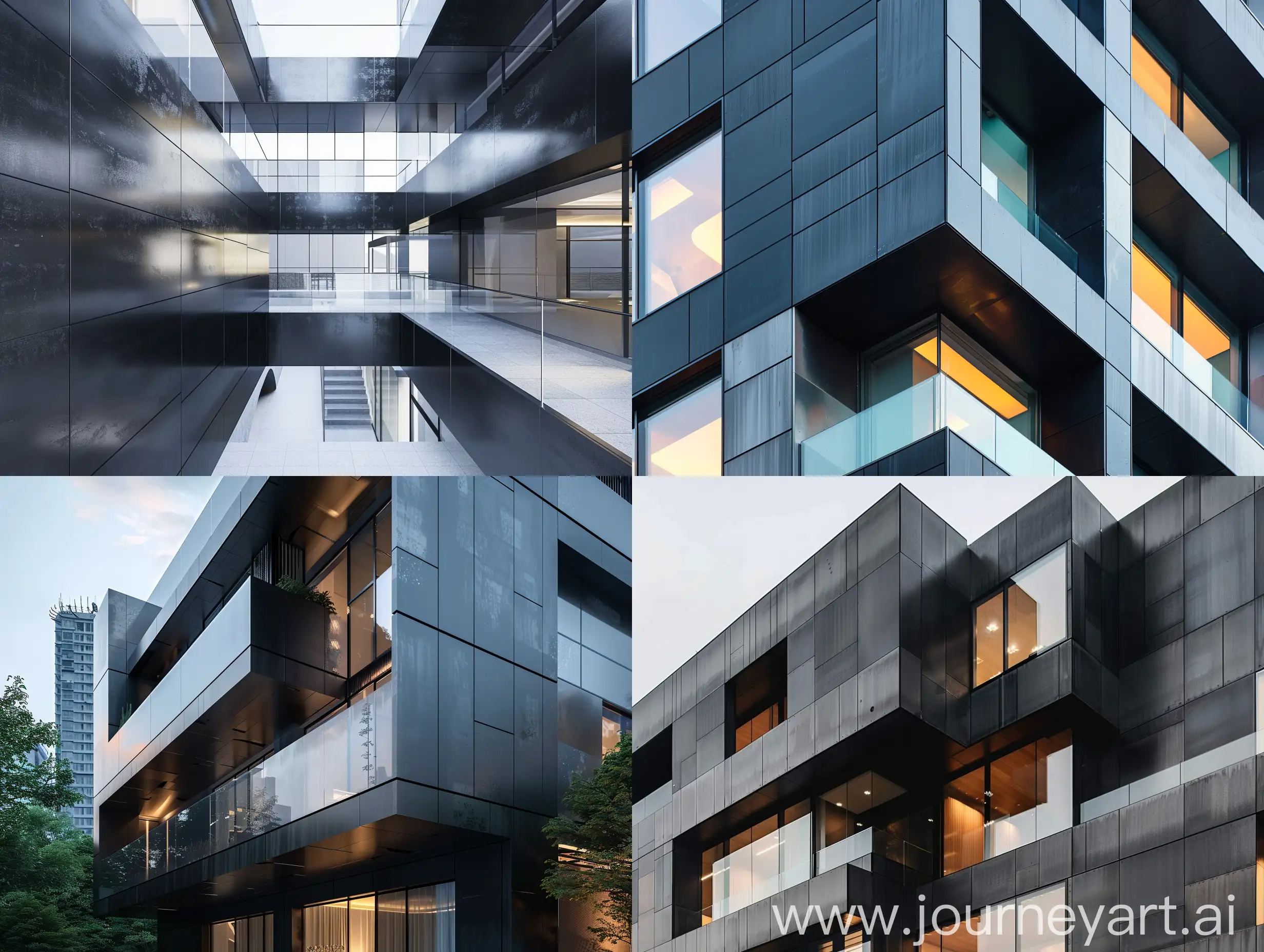 设计一个现代风格的莫比乌斯广场建筑表面运用黑色金属不锈钢和玻璃材料，