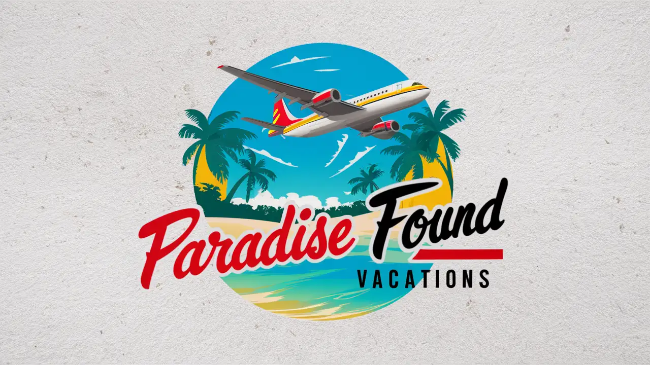 Generate a logo for Paradise Found Vacations.  palm trees, beach, airplane, Use the colors red, yellow, green, blue and black. white background