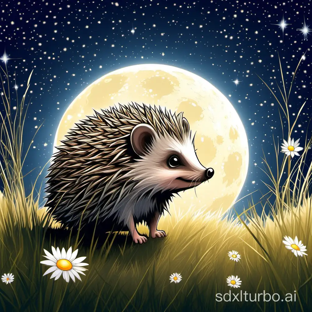 On a peaceful night, the sky was filled with brilliant stars, shining gently in the night sky. A bright full moon hangs in the sky, casting a soft silver glow. In this peaceful night sky, a little hedgehog is standing on an open grassland. Its body presents a natural brown color, blending in with the surrounding natural environment. The hedgehog's side faces the viewer, and its small eyes reflect moonlight, appearing both curious and gentle. 
This hedgehog extends one of its front paws, as if wanting to touch the unreachable moon. Its body leaned back slightly, and the thorns on its back shimmered under the moonlight, creating a contrast that was both hard and soft. On the surrounding grassland, some wild flowers and shrubs adorn the scene, adding a touch of vitality and color.