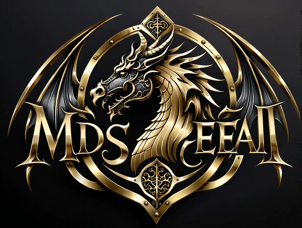 medieval logo, brass, black, corporate, horse head, dragon wings