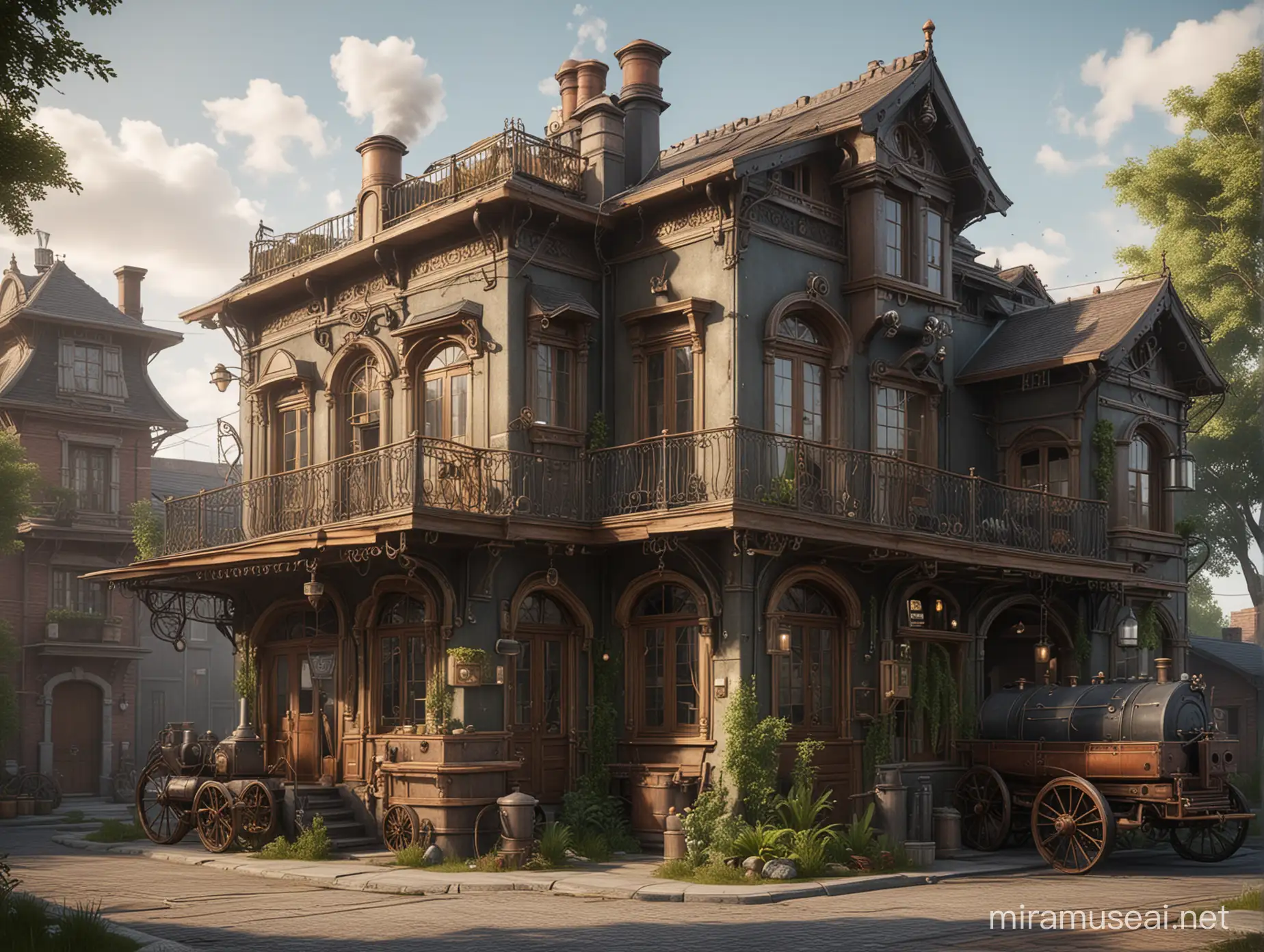 A two-story villa with one bedroom, two toilets on each floor, a small backyard, a spacious hall with two additional rooms & a balcony doubling as a kitchen, holds a secret book about slimes, steampunk, outside view, front door view, 3D Photorealistic, 3D Photo, Attractive, High Resolution, Detailed, artistic, fantasy, steampunk villa, house, steamcar parked outside, smokes and factories, cozy, dark air, steampunk style house, gold rims, luxary.