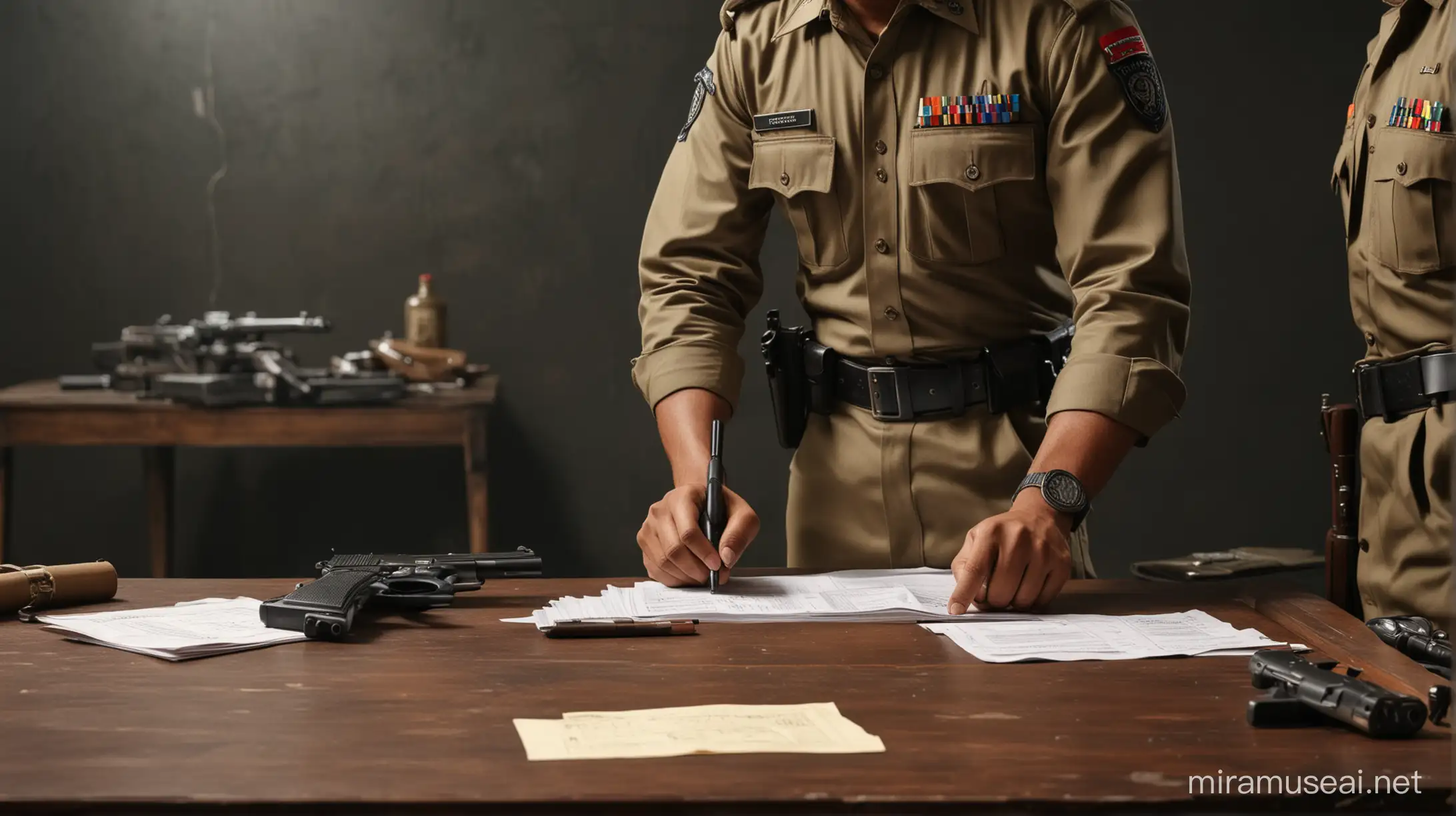 There are three guns on the table, focus on table only, indian police man wearing khake dress write something on register in background blur, dark background, realistic, hyper detailed