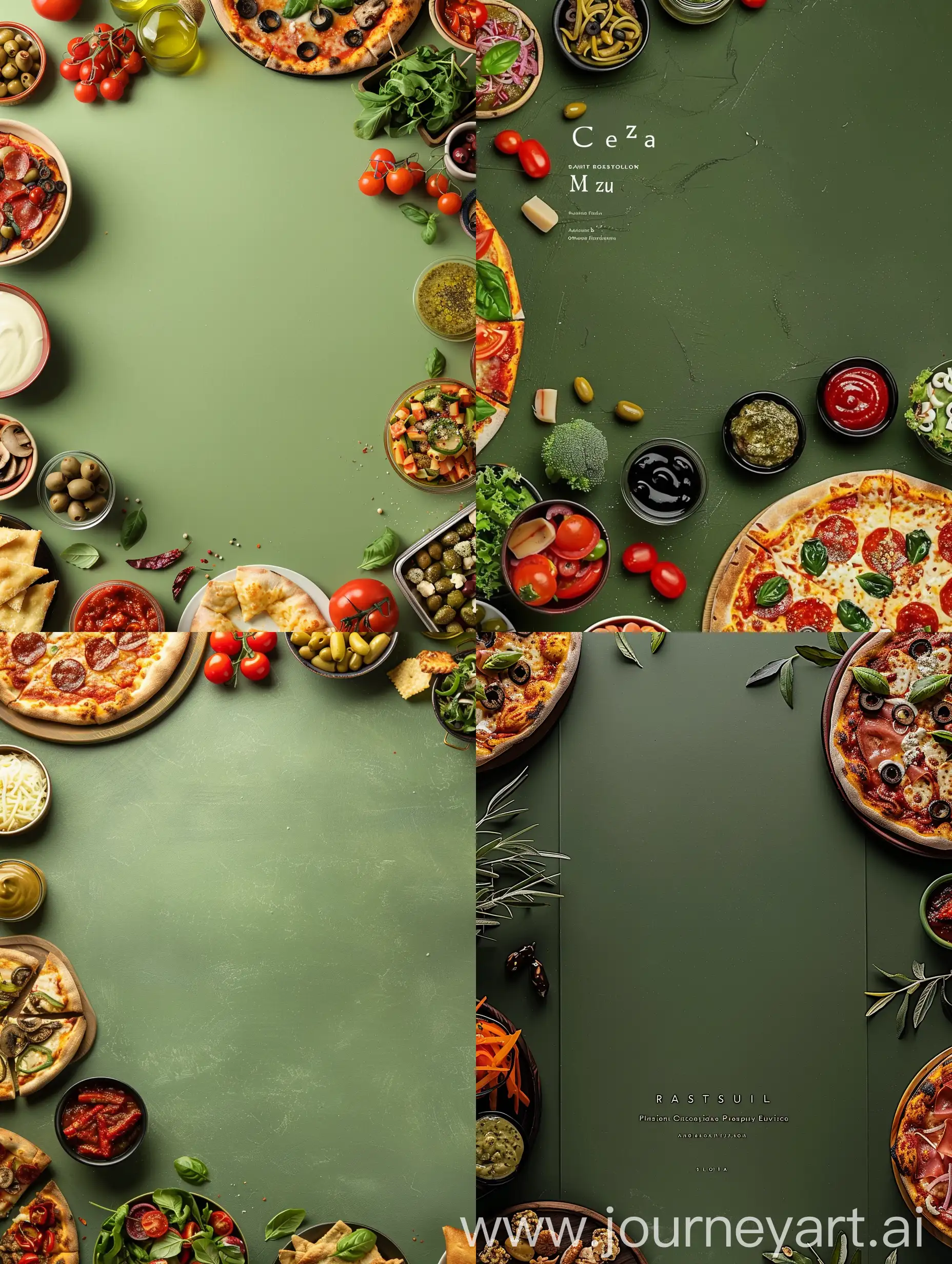 pizza resturant menu page with appetizers, olive green background