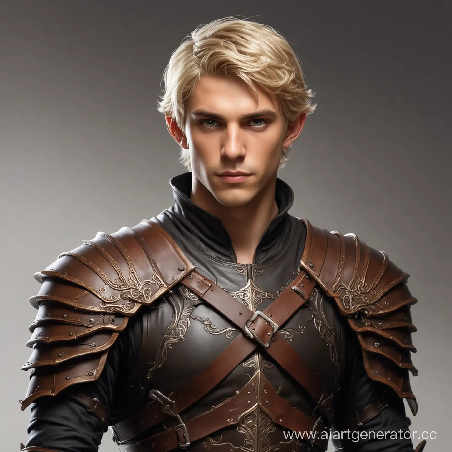 Half-Elf, Male, Short blond hair, brown eyes, Leather armor, Full height