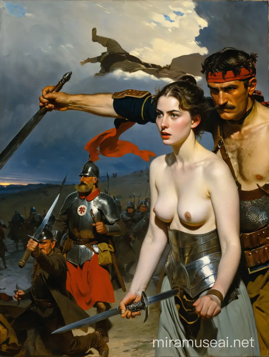 Adolf Menzel old man in armor defends young undressed woman from the  battle with marsian army, dramatic lighting, game leader