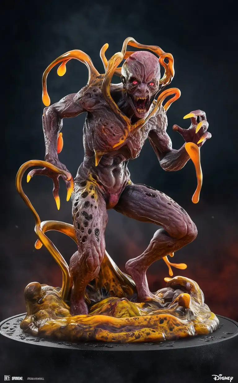 "Create a highly detailed 3D cartoon Disney character portrait render of a full-body uhd Toxic Sludge Spawn Figurine. Standing at 3.5 inches tall, the figurine oozes with toxic slime, its grotesque form and contorted pose captured in stunning detail. Crafted from sleek metal alloy, its bubbling, corrosive exterior seems to pulse with malevolent energy, while hand-painted accents highlight its slimy texture and mutated features. Rendered in breathtaking 8k16k anime style with intricate detailing and glossy lines, this Toxic Sludge Spawn Figurine is a chilling reminder of the dangers of the undead."
