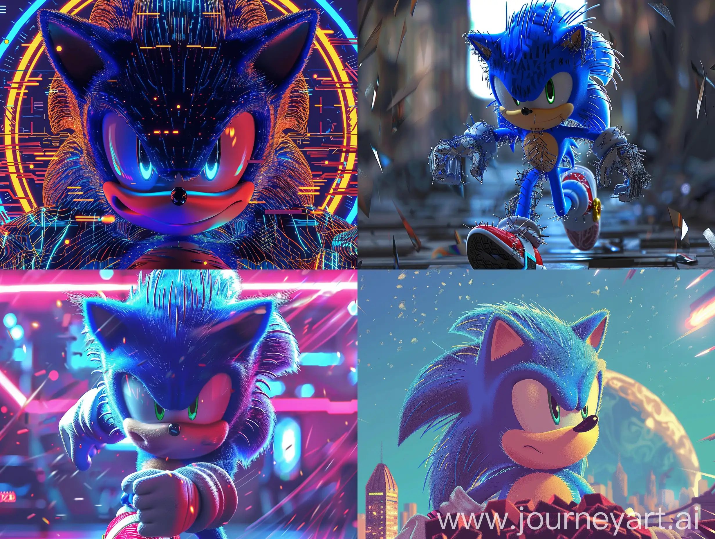 Detailed futuristic Y2K aesthetic graphics of Sonic.