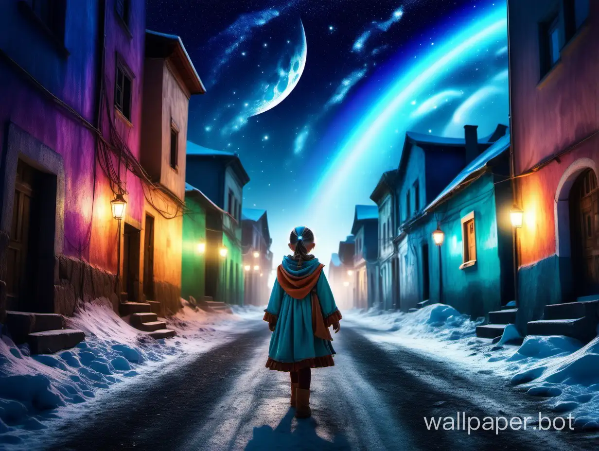 An 11-year-old girl in a fantasy costume of a page walks through the deserted streets of an ancient mysterious city under the night sky with a shining galaxy, a lunar rainbow, and polar lights.