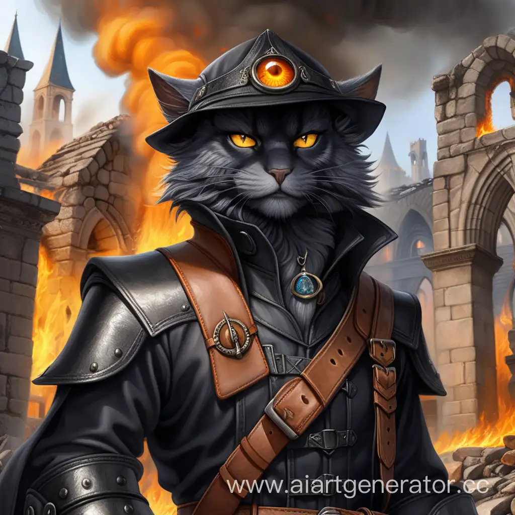black catfolk, peaked cap, orange iris of the front eye, leather beard, in the burning ruins medival fantasy city