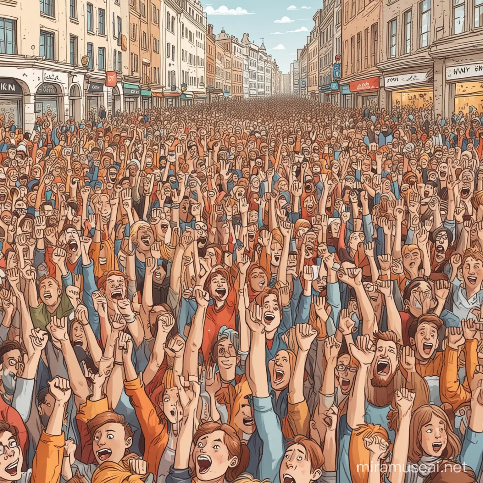 draw a cartoon scene of a crowd of people cheering in the city centre