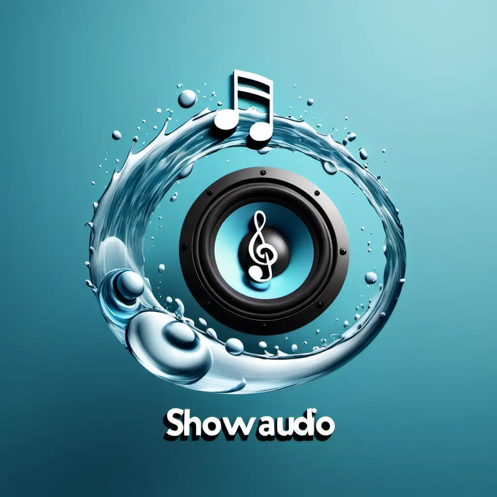 Vibrant ShowAudio Logo with Musical Notes Speakers and Water Elements