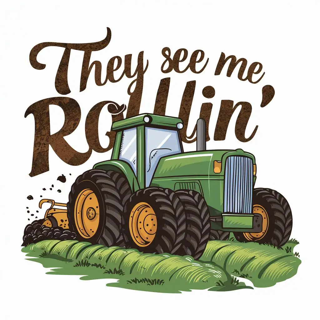 vector art, " They See Me Rollin " typography, Rustic style font, green tractor