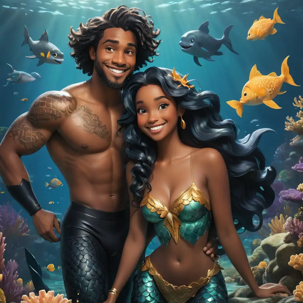 black mermaid and merman in style of disney smiling and swimming with whimsical sea animals 