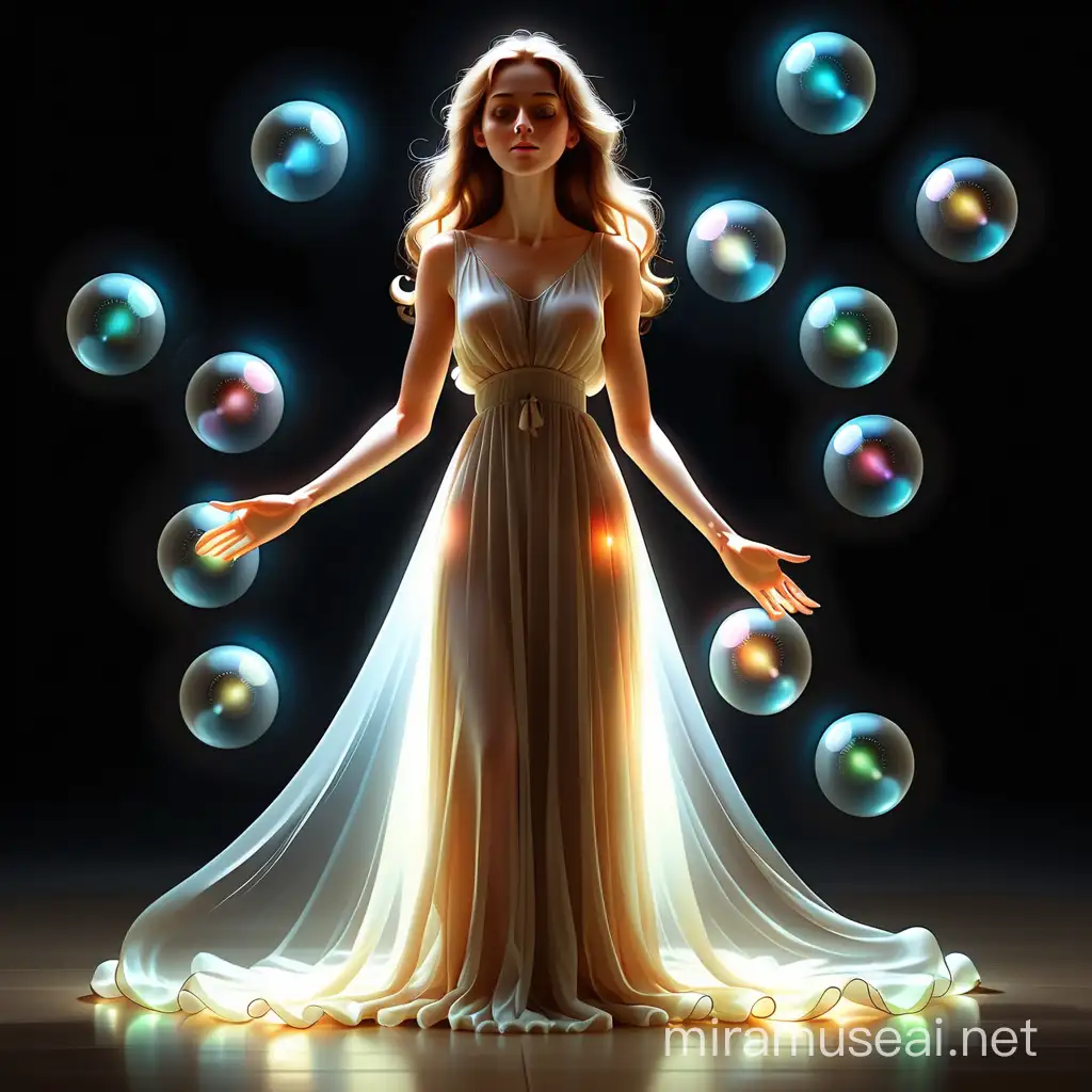 я женщина в длинном светлом платье. стою и смотрю на красивые светящиеся шары. шаров много,  они прозрачные держатся в воздухе сами. 