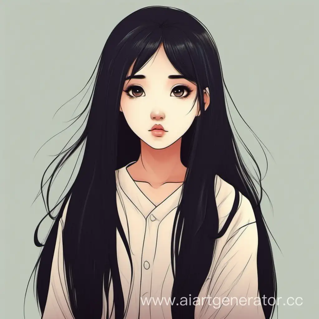 Cute half-Asian girl with long dark hair and sad eyes