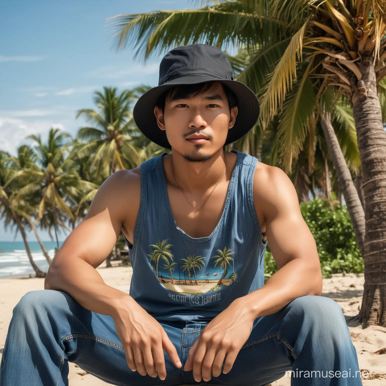 seorang lelaki asia memakai bucket hitam,baju singlet warna biru dan celana jeans sedang duduk di tepi pantai ada pohon kelapa siang hari ,dan sangat detail, sangat jernih, resolusi tinggi, penuh warna.