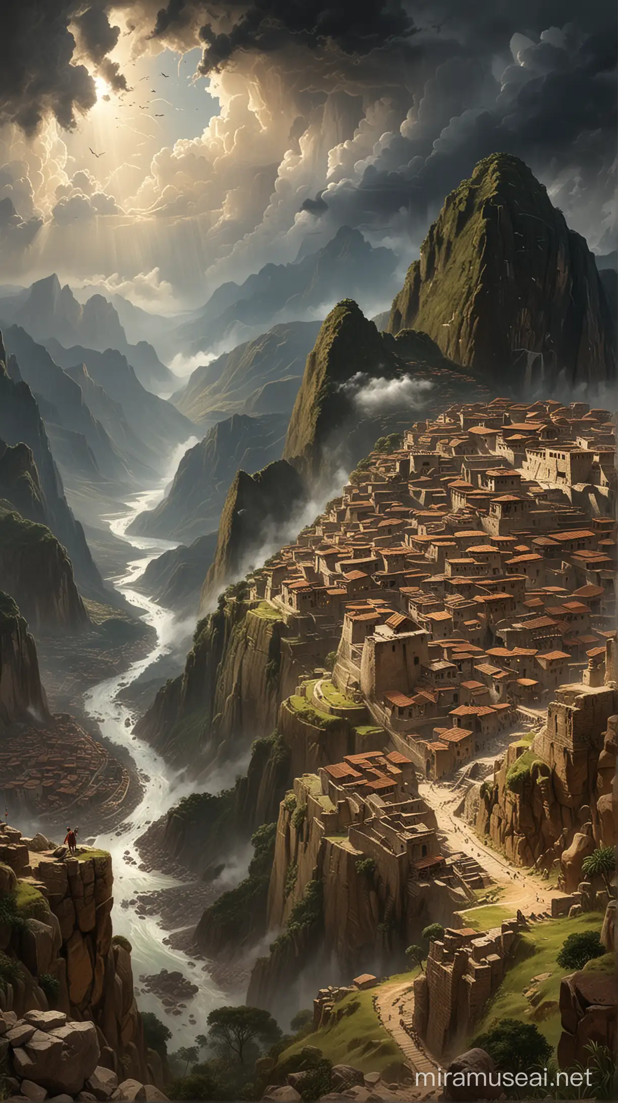 A breathtaking landscape painting of the Inca Empire, showcasing its mountain cities and vast network of roads, with a storm brewing ominously on the horizon.
