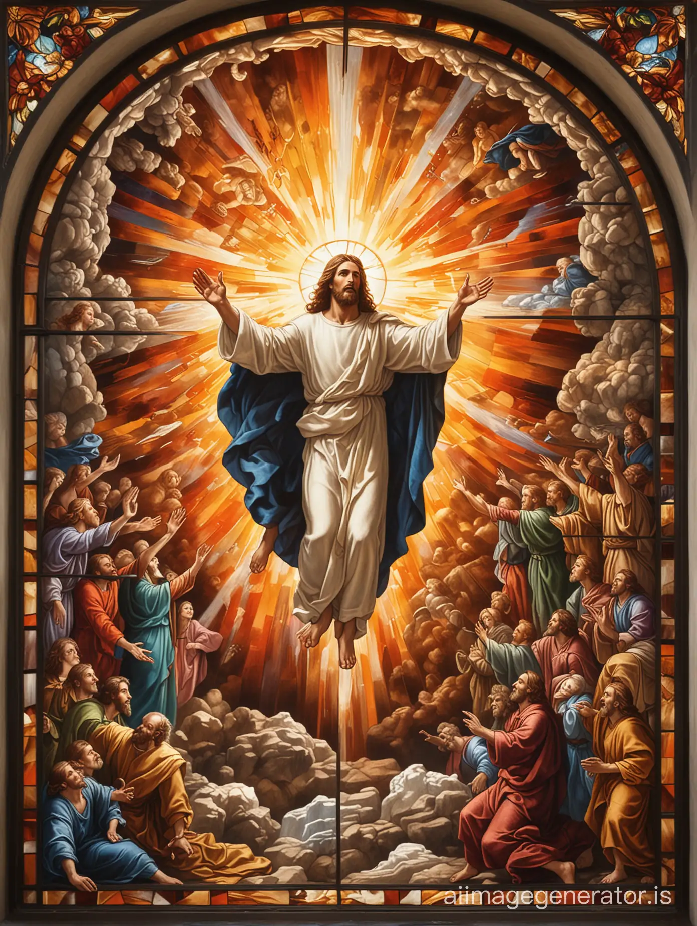 oil painting depiction of the resurrection of Jesus surrounded by an explosion of light depicted as vibrant stained-glass window