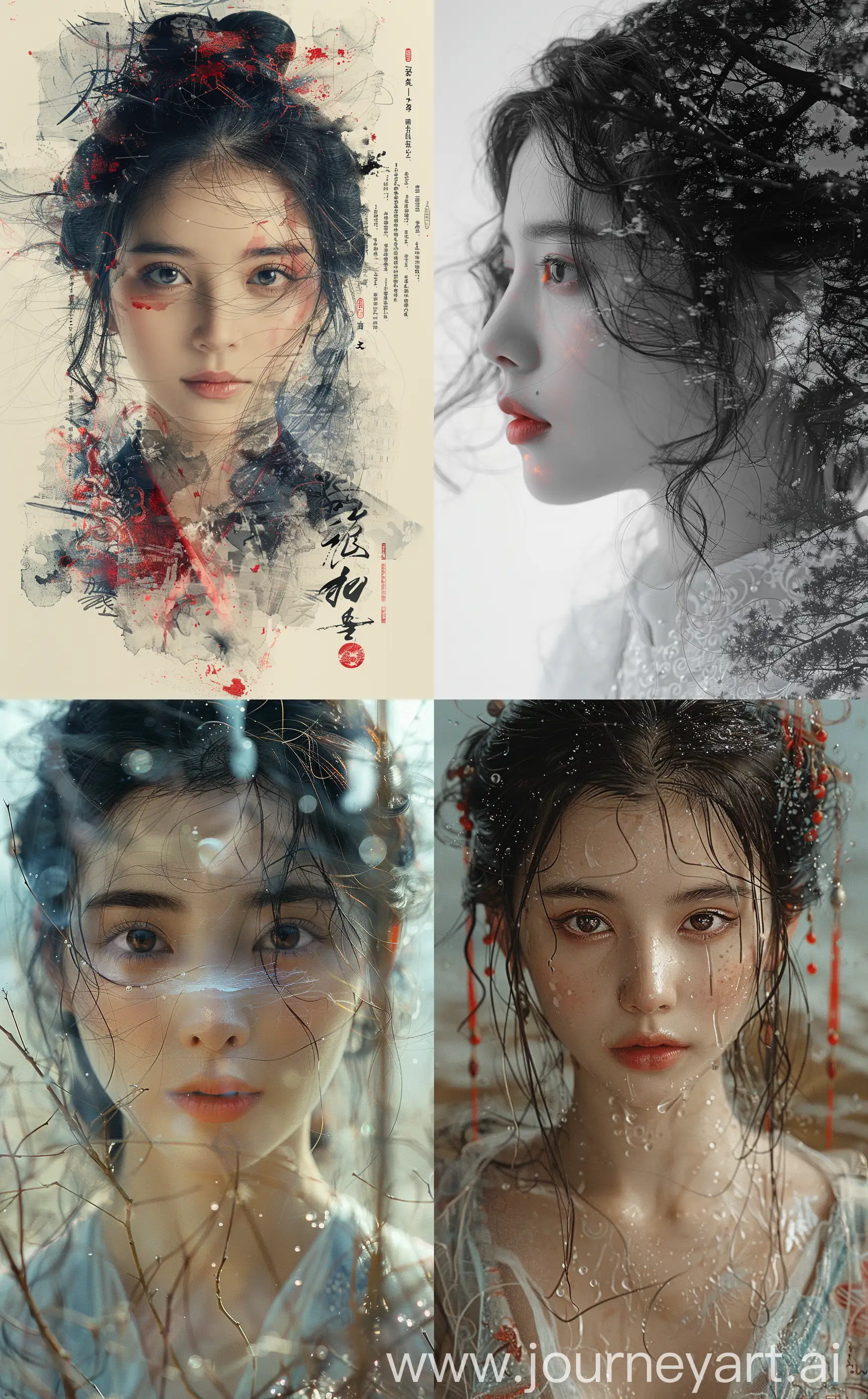 double exposure, beautiful chinese girl, in the style of aykut aydogdu, charming characters, portraitures with hidden meanings, 32k uhd, depictions of aristocracy, serene faces, holotone printing --ar 73:117 --stylize 750 --v 6