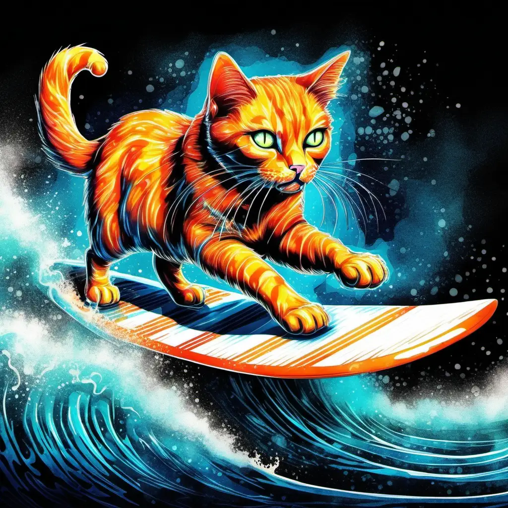 Orange Cat, surfing, hyper detailed, neon, futuristic,  in the style of a watercolor, on a black background