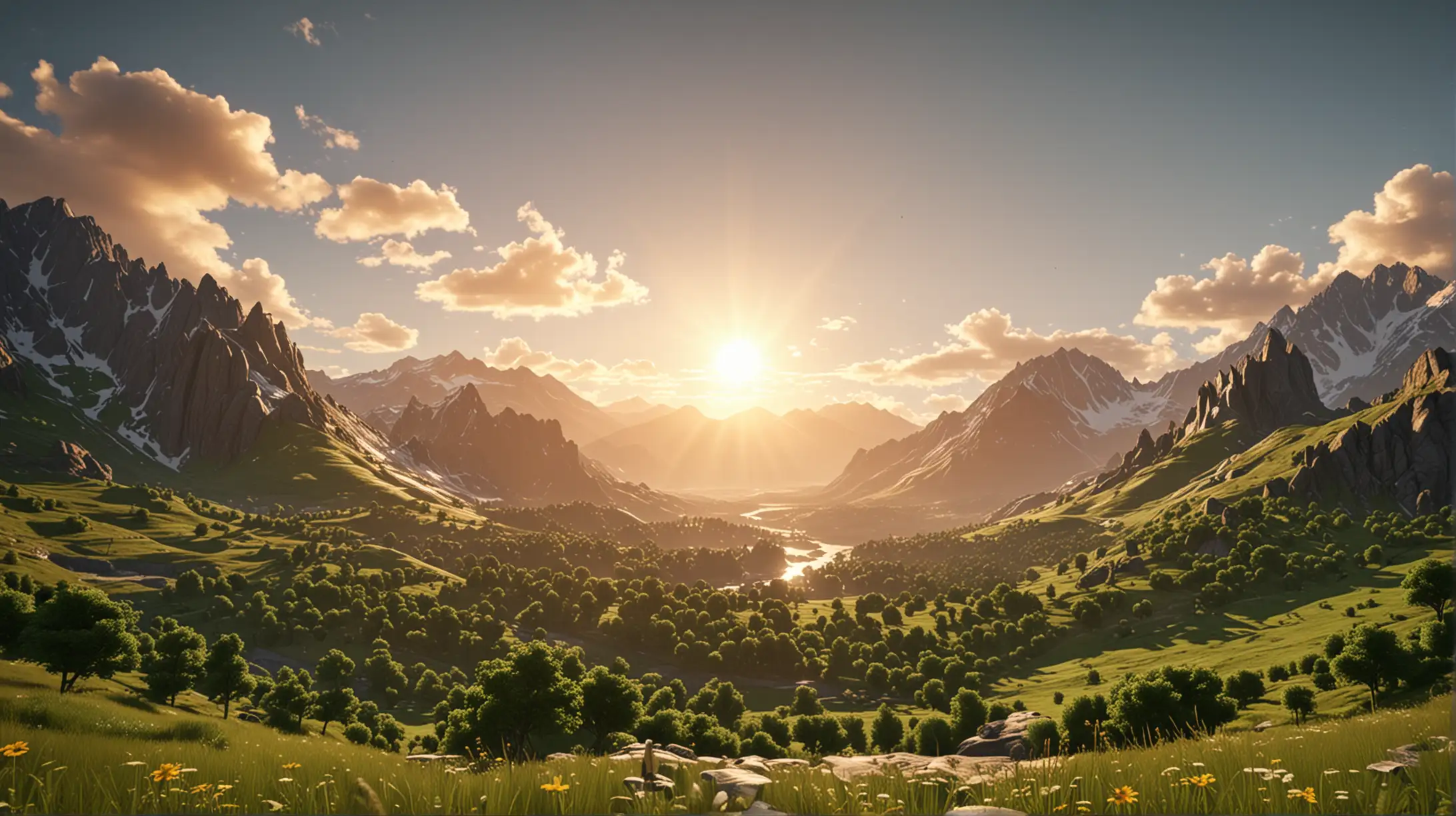 Lush Green Landscape with Majestic Mountains in HyperReal 3D Animation