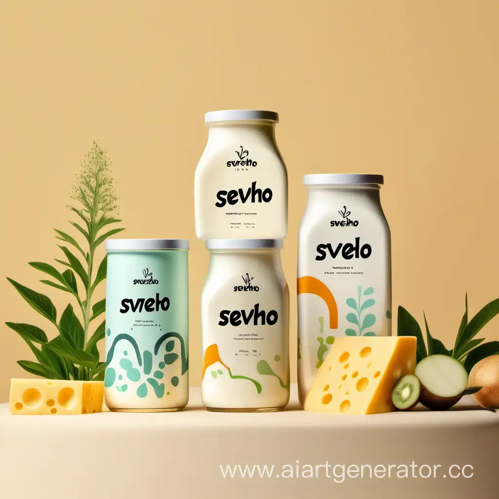 эстетичная линейка молочной продукции на растительной основе "Svezho" с модным дизайном и логотипом на минималистичном ярком фоне. линейка состоит из молока, питьевого и ложечного йогуртов и сырков