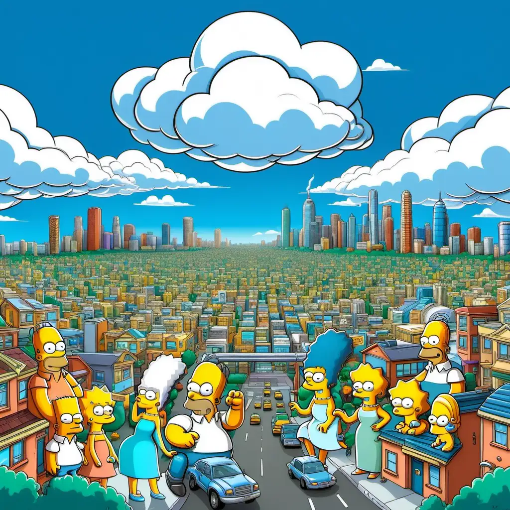 the simpsons style town with blue sky and white clouds
